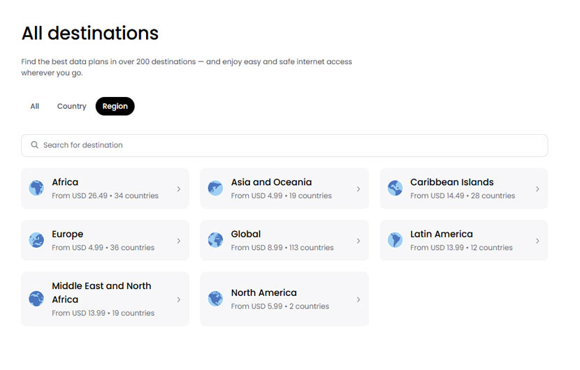 Saily eSim Destinations